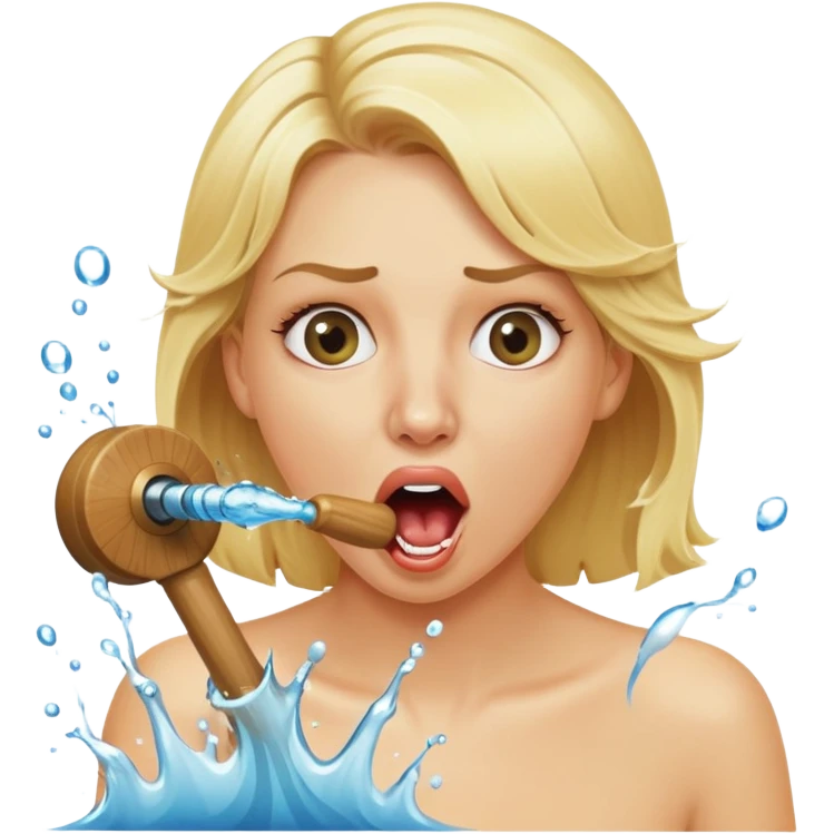 blond woman biting a wide stick with a round knob, both the same color as her skin, water jet shooting from the knob into her mouth, surprised look emoji