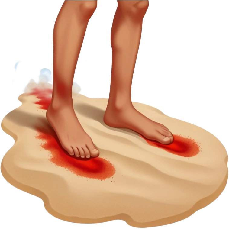 bare foot stepping on extremely hot beach sand with red pain marks and steam rising from the sand emoji