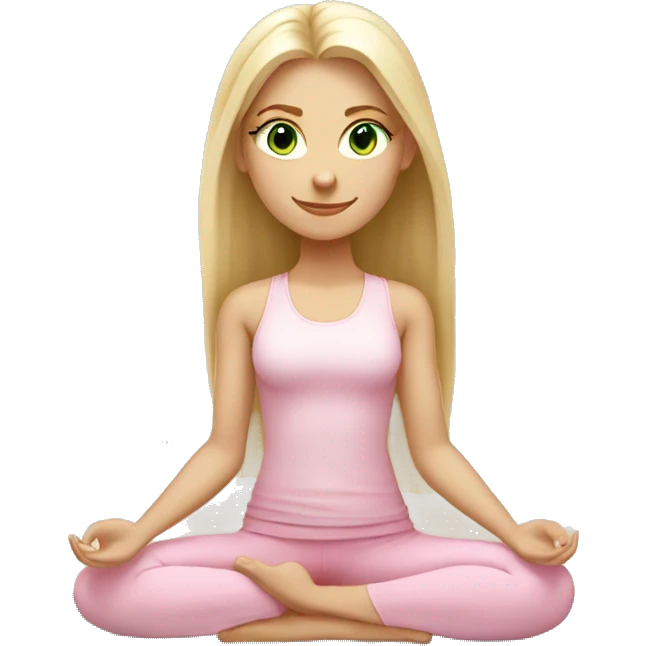 blonde long hair and green eyes yoga girl in light pink clothes sitting on a yoga mat emoji