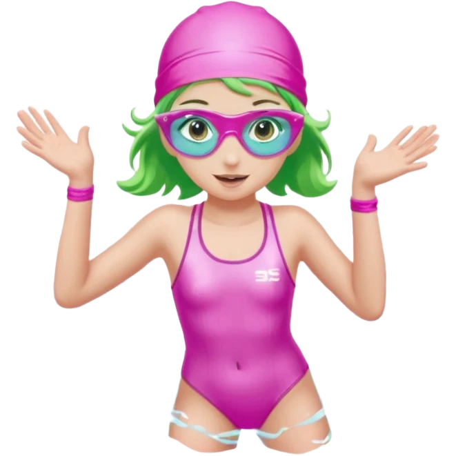 pretty girl with green eyes pink swim cap holographic swimming glasses and cute profesional swimmer pink swimsuit jumping in water emoji