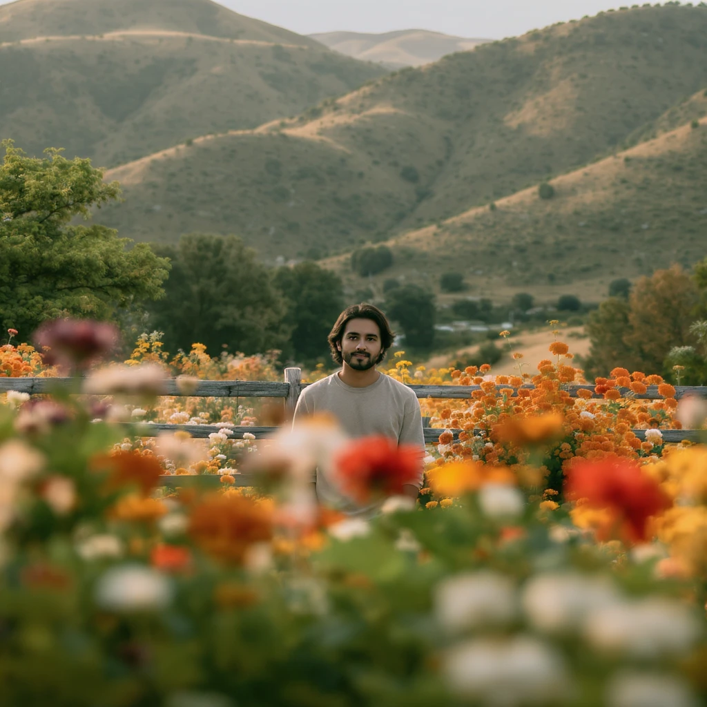 A portrait of a person in the foreground, blurred plants in the foreground, a wooden fence and colorfull flowers in the midground, rolling hills in the background, cinematic depth of field, layered composition, natural lighting emoji