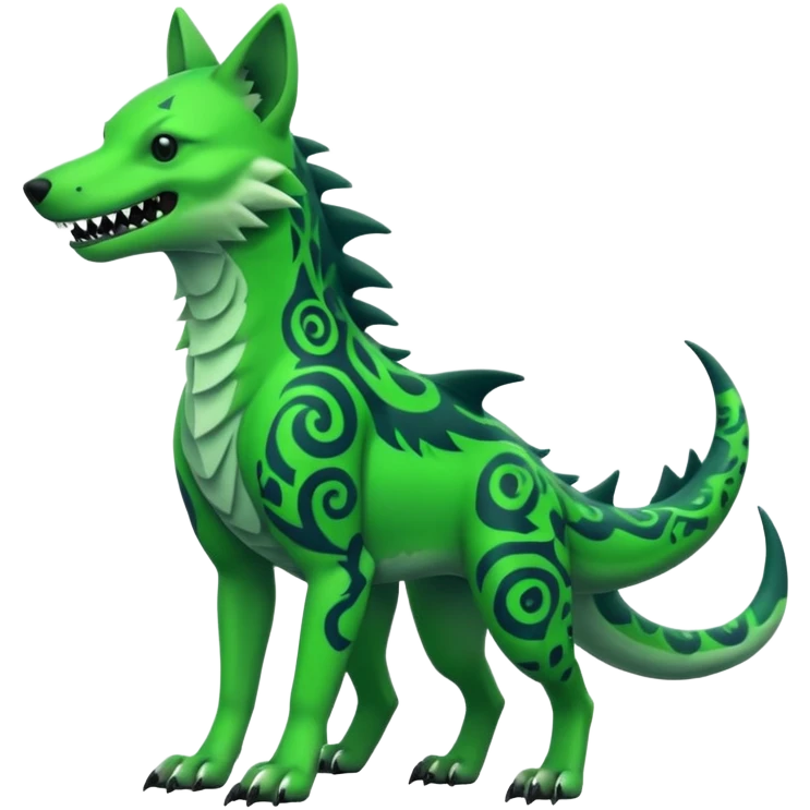 Edgy cool badass Neon-green landhai-sergal-dingo-hyena-wolf-raptor, with a shark tail, with black and dark-green swirly patterns markings emoji