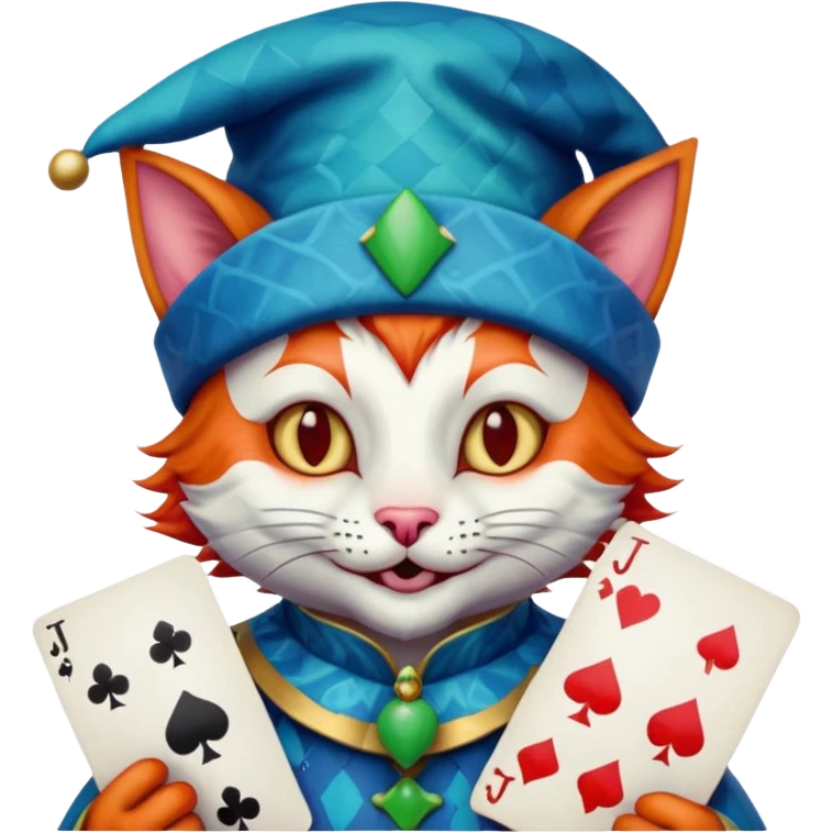 crazy colorful cute little cat jolly joker from poker, medieval, vintage, court jester, mac os icon, blue color, holds poker cards emoji