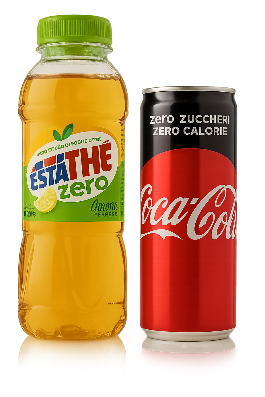 lattina di coca cola zero fluttua accanto a bottiglia di esta-thè zero, iperrealistiche 4k emoji