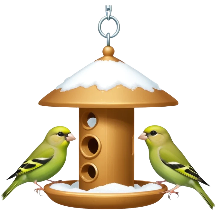 3 Green finch feeding on a bird feeder in the snow emoji