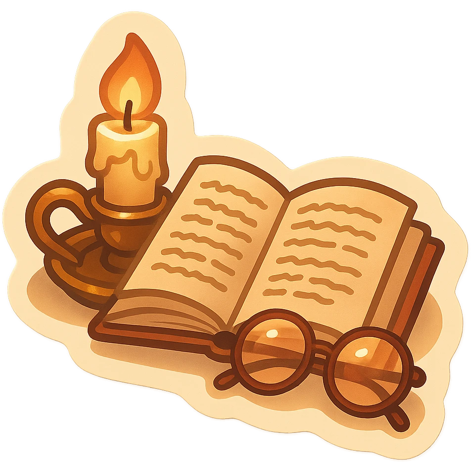 cozy artistic sticker of an open book with handwritten notes, vintage candle, and glasses, soft textured style inspired by dark academia and cottagecore, warm tones, muted colors, torn paper textures, subtle ink drawing details, thoughtful and literary emoji