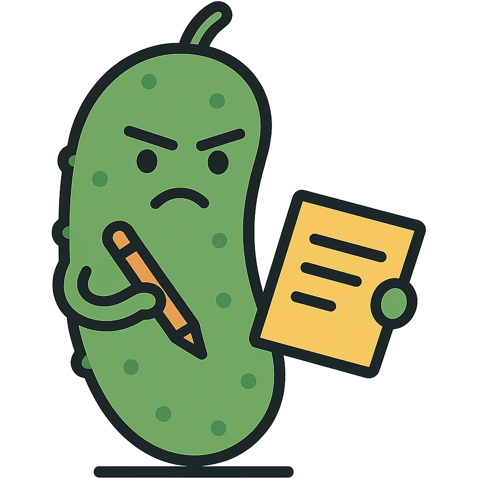 Make the pickle look suspicious while writing in a notepad, keeping the color outline icon style, with no background. emoji