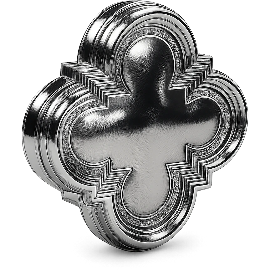reflective chrome quatrefoil with intricate details and a radiant shine emoji