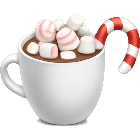 A hot chocolate with a candy cane and marshmallows emoji