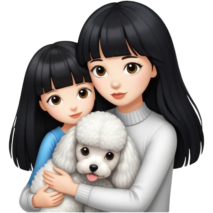 A beautiful girl with long straight black hair and bangs hugs a poodle tightly emoji