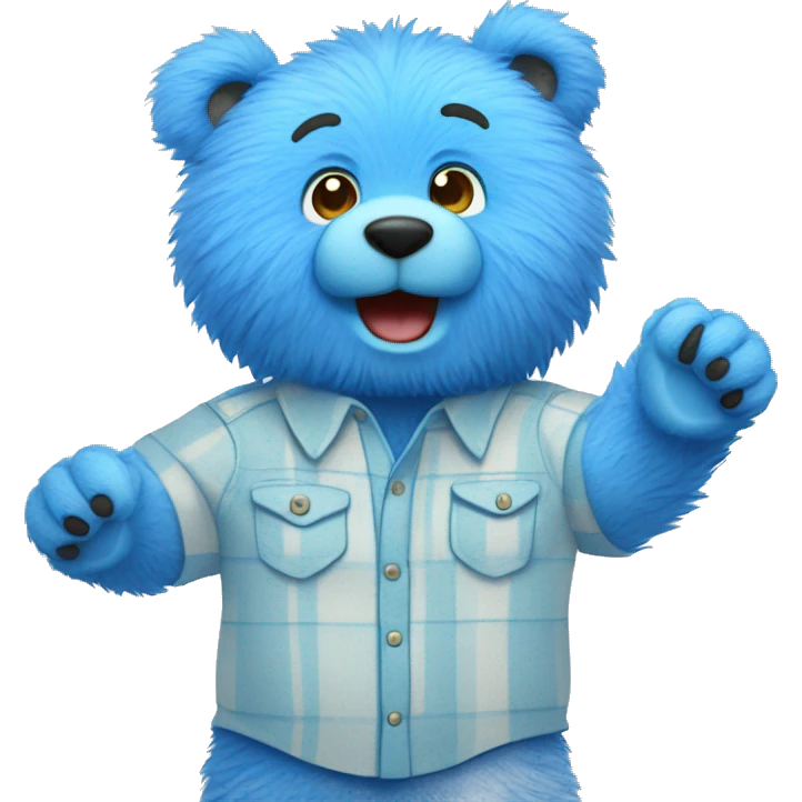 Blue fuzzy bear wearing button up shirt and waving hi emoji