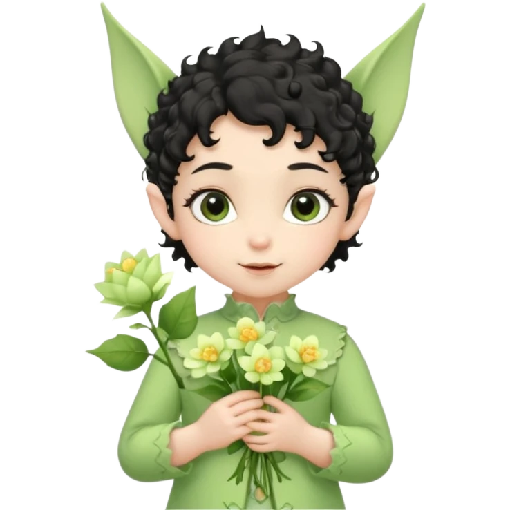 Tiny elf baby black curly hair with pointy ears\, pastel green outfit, hold flowers emoji