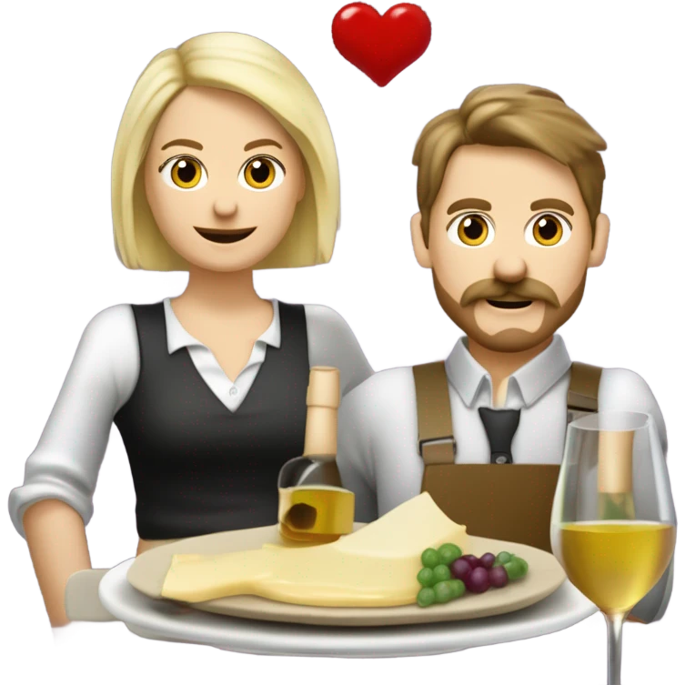 Repas raclette et deux verres de vin blanc en couple, femme blonde cheveux aux-dessus des épaules homme petite barbe et moustache grisonnantes et cheveux bruns grisonnant  emoji