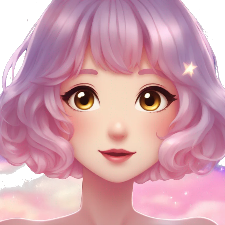 Gorgeous anime style lady blushing face dreamy idol model colorful shiny stars galaxy kawaii cottagecore pearly petite simplistic aesthetic trending style emoji
