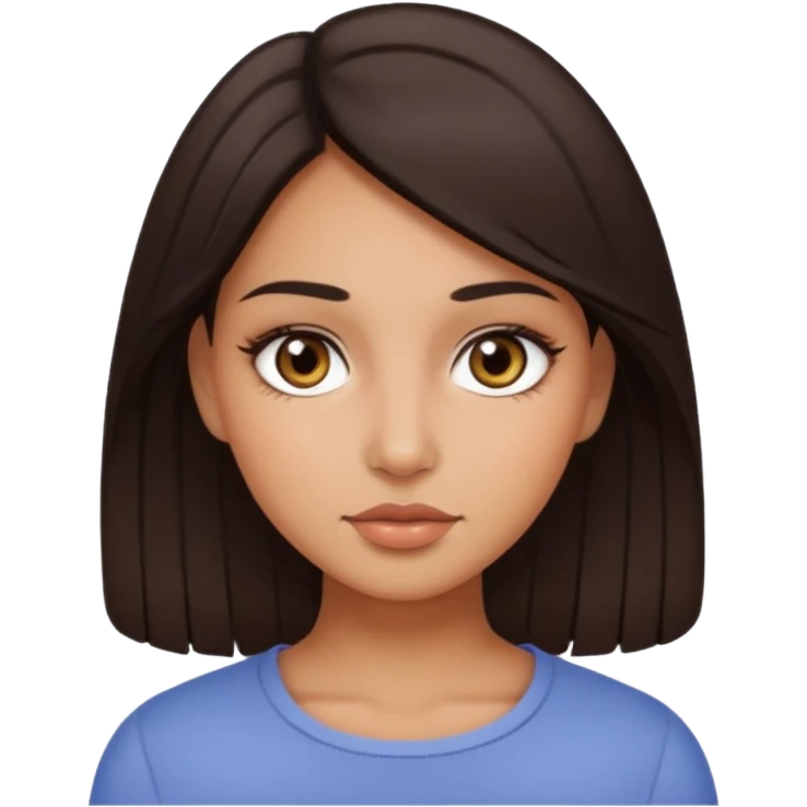 She's with long dark brown hair on her teenager years and her eyes are brown with not very  long natural lushes  her skin is not whit eits medium ( olive) and her faces shape is oval and a little bit circle her lips  awesome but not big lips she has a make up but clean natural looking  make up  emoji