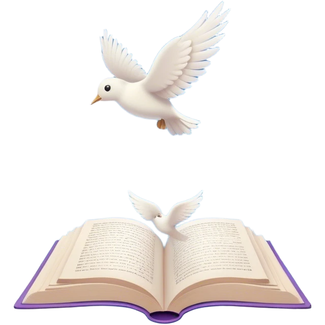 Create a dreamy, poetic emoji representing poetry. The design should feature several elegantly flying pages with short poetic columns written on them, surrounded by fluffy, soft clouds. White birds should be flying out from the clouds, creating a sense of freedom and inspiration. The pages and a white feather should symbolize creativity and poetic flow. Use pastel tones like light blues, purples, and creams for the pages and background, while the clouds should be soft and ethereal. The overall design should feel whimsical, serene, and full of poetic charm. Make the background transparent. emoji