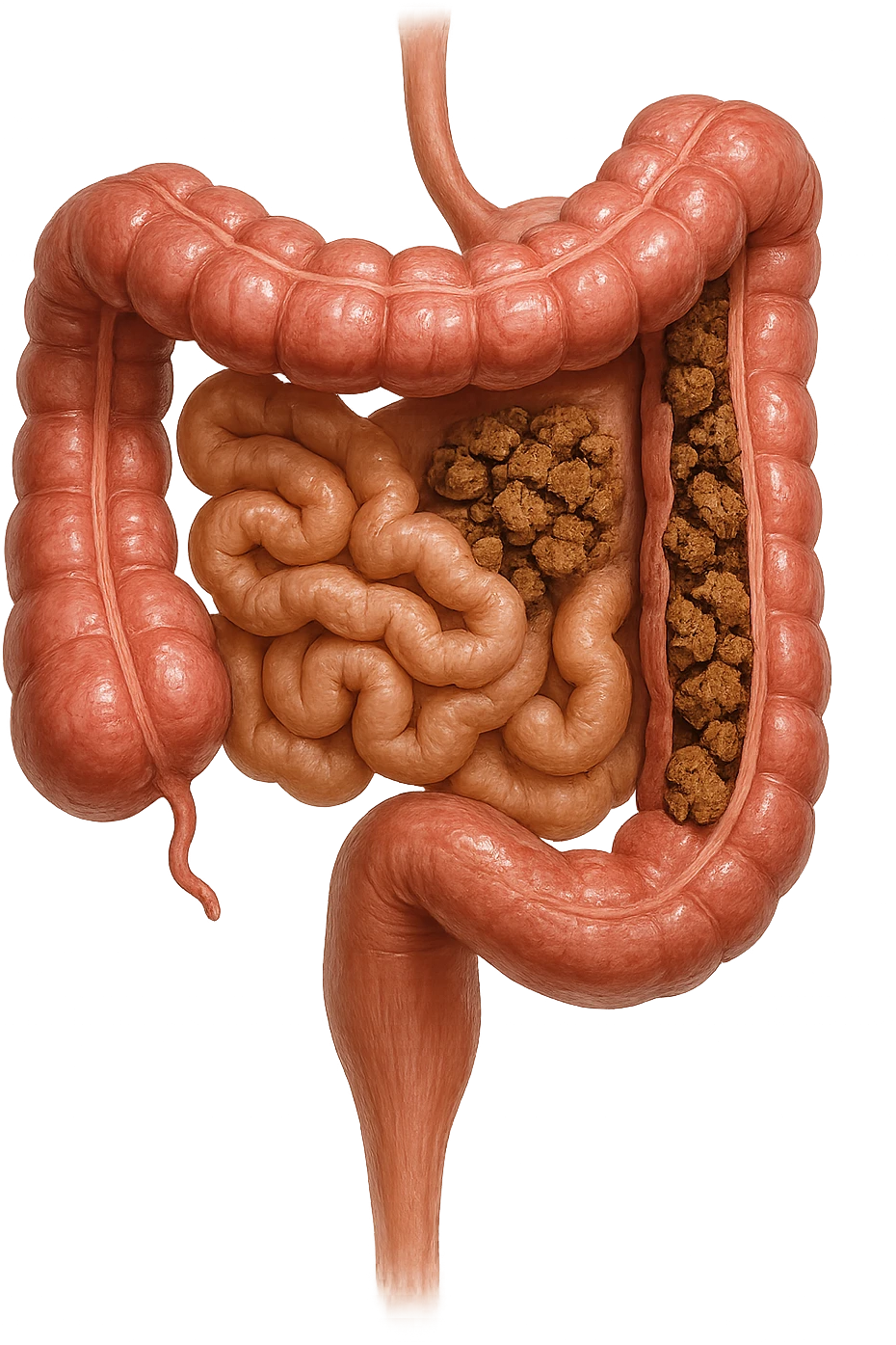 intestino umano anatomico realistico con feci spezzettate iperrealistiche sotto emoji