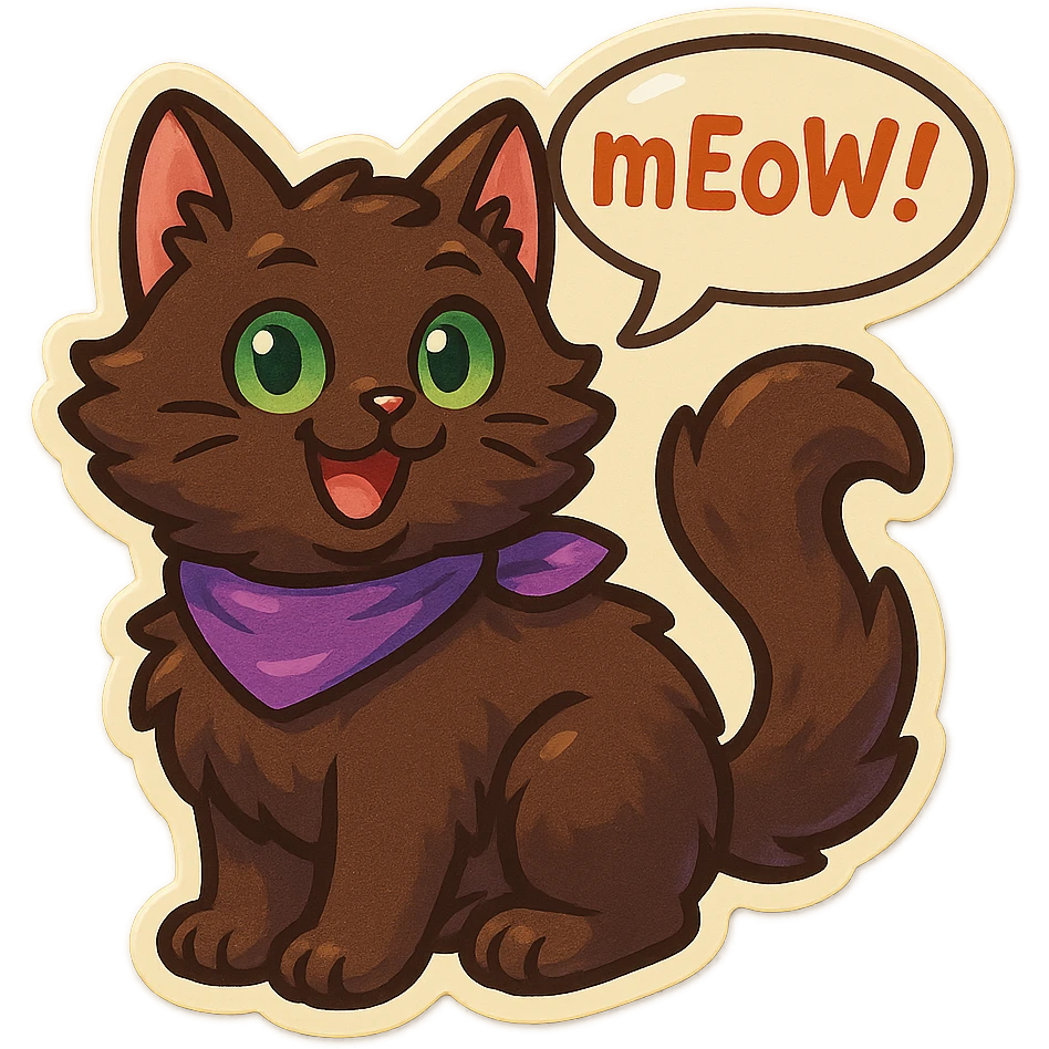 Fluffy cute playful silly smiling happy dark-brown cat with green eyes and a purple scarf saying ‘mEoW~!’ (With a speech bubble) emoji