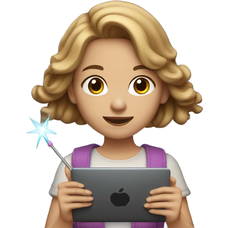 girl with light brown hair on a computer holding a magic wand emoji