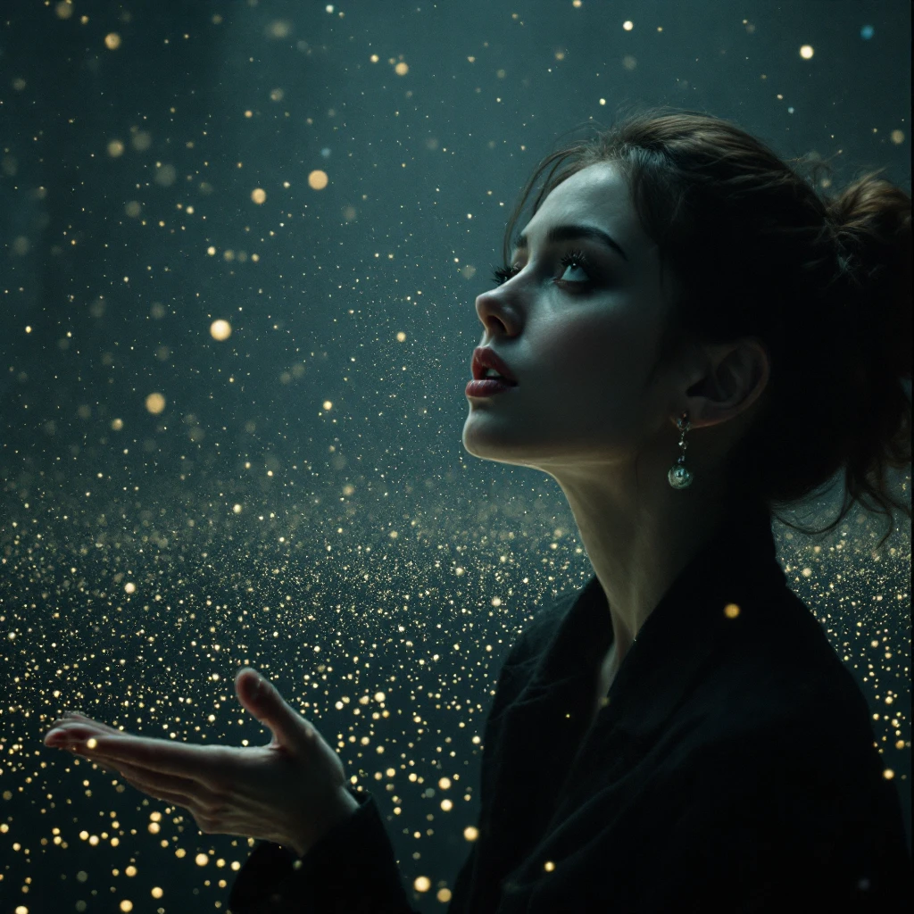 Cinematic still of a Woman looking for a dot emoji