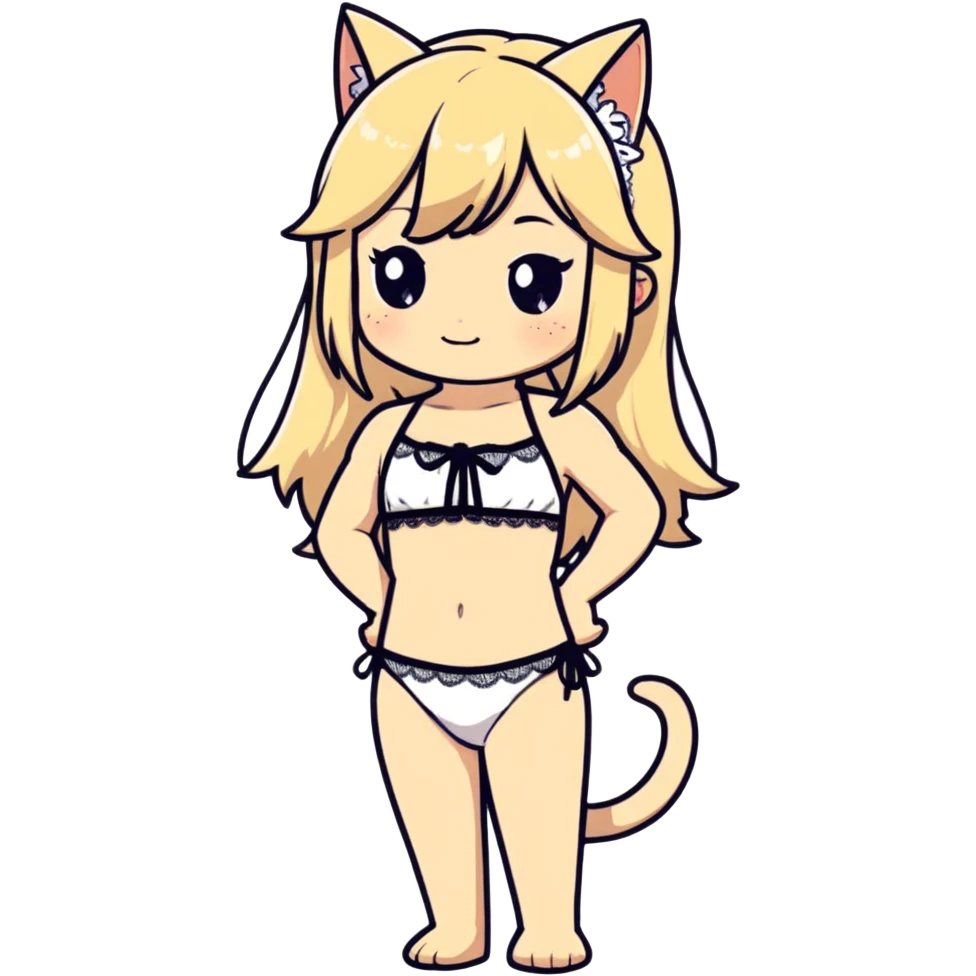 flirty petite blonde catgirl soft body long hair freckles shy lace white bikini tight waist wide hips emoji