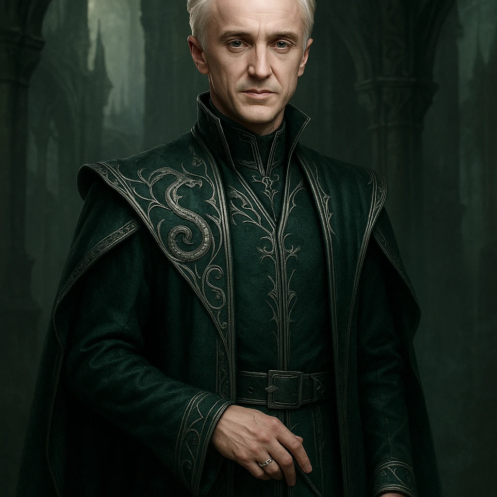 mature Draco Malfoy, 37 years old, Slytherin vibe, elegant robes, fantasy style emoji