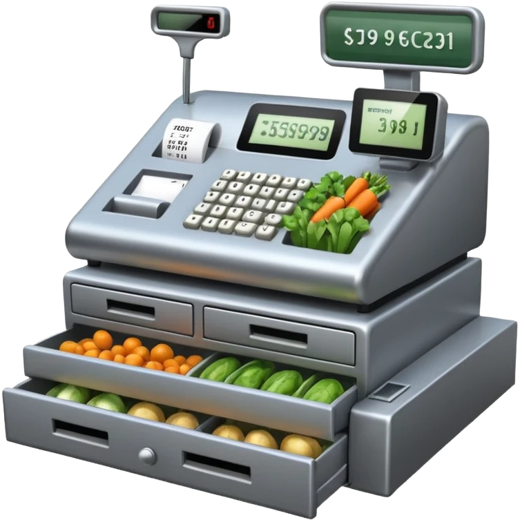 Front-facing cash register with symbol keys for vegetables emoji