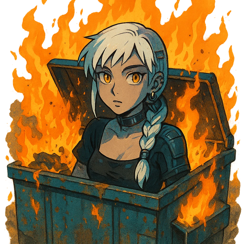 she is poking out from a garbage dumpster, fire, garbage fire, everything is on fire, a closeup portrait of young woman with gold yellow eyes, white hair, long braid, black off-shoulder top d-cup, punk gothic style, futuristic cyberwave cyberpunk, emoji