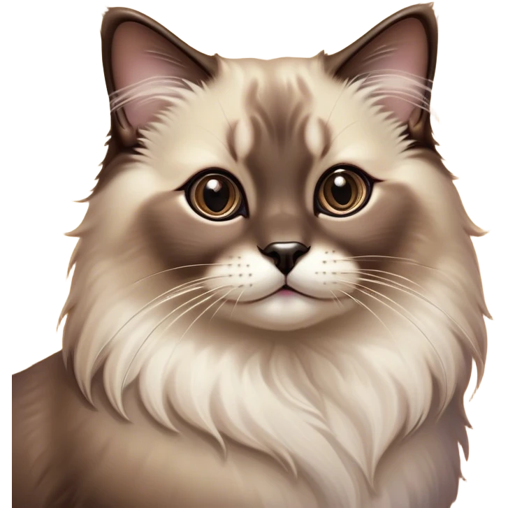Cinematic Adorable Fluffy Brown Seal Ragdoll Cat Portrait Emoji, Head tilted elegantly with big, sparkling eyes, soft brown fur with darker seal points on the ears, face, and paws, Simplified yet regal features, highly detailed, glowing with a soft, warm glow, high shine, affectionate and playful, stylized with a touch of grace, bright and endearing, soft glowing outline, capturing the essence of a majestic and loving kitty, so elegant it feels like it could spring into motion with a regal leap! emoji