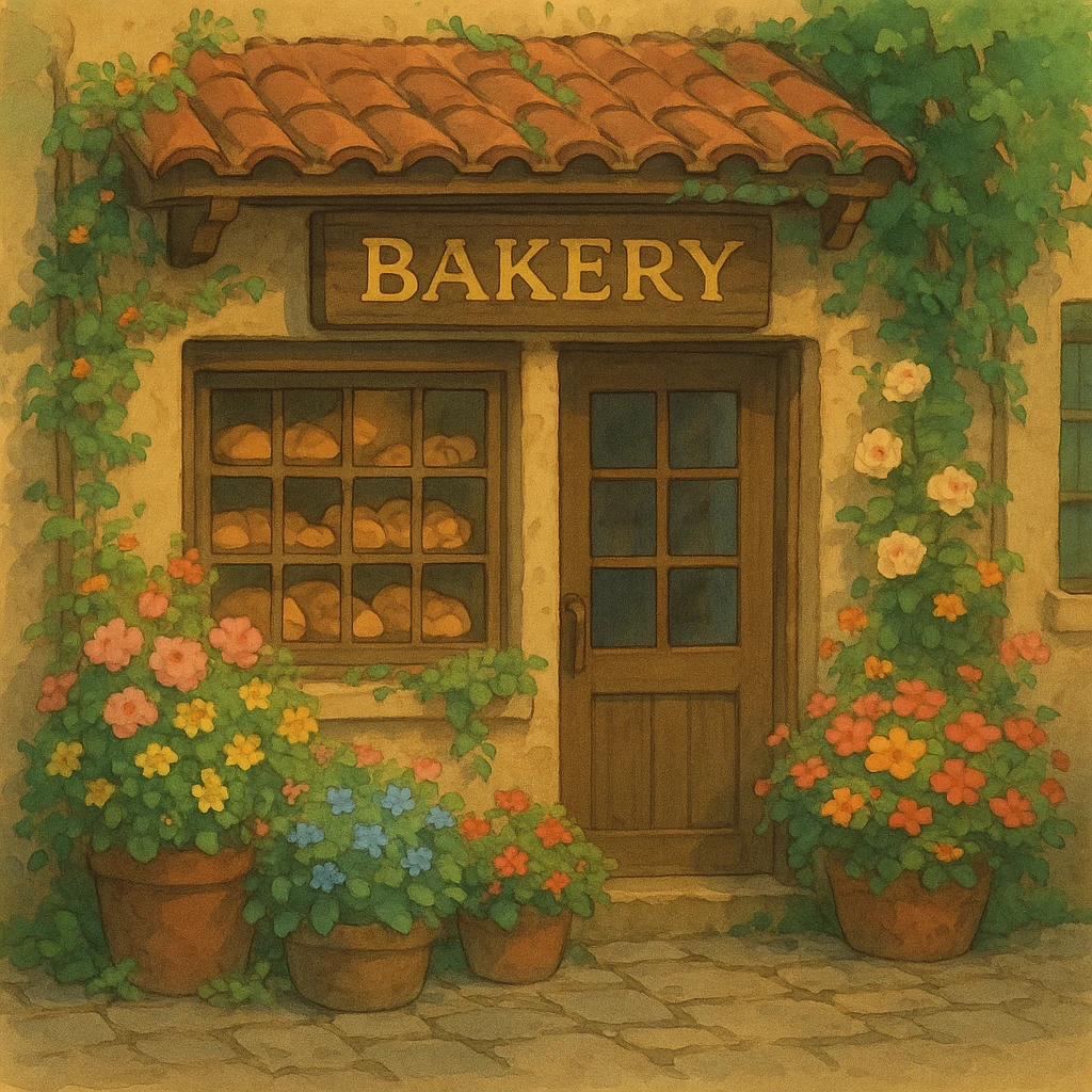 small bakery storefront with flowers, ghibli style emoji