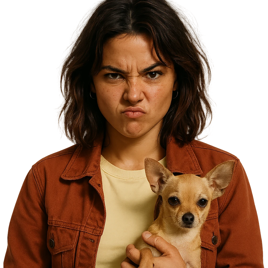 portrait of a woman with tanned skin, subtle freckles, wearing a pale yellow shirt (#FFF8CA) and rust-colored jacket, medium-length brown hair with auburn highlights, rebellious and playful expression, holding a beige-brown chihuahua, transparent background, Netflix series style emoji