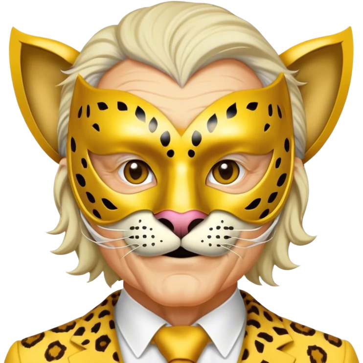 a fat old man, with a yellow suit,  wear half-face golden Leopard masquerade mask emoji