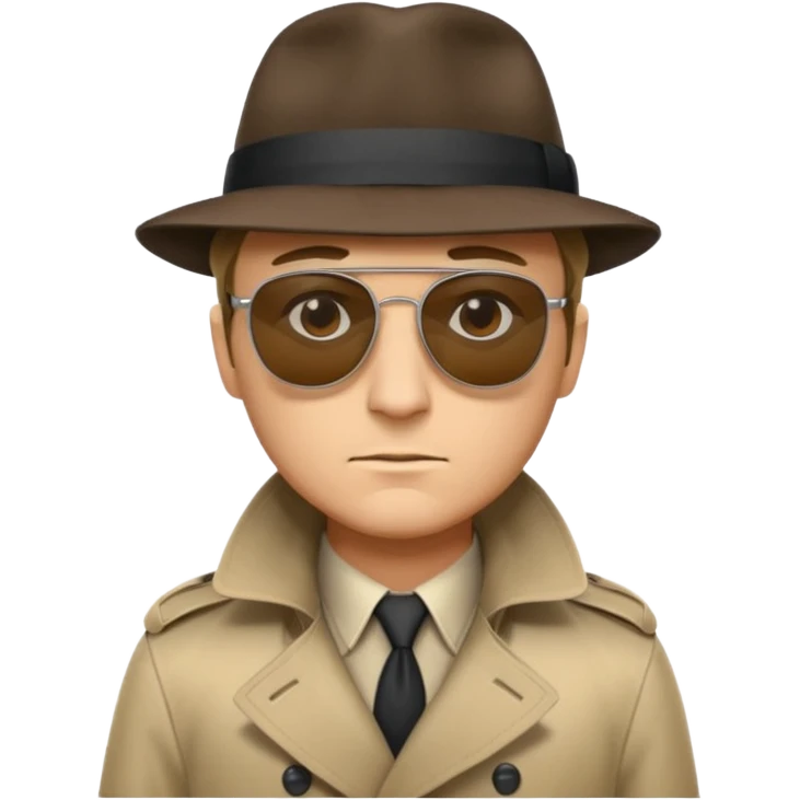 spy wearing sunglasses, a fedora and trench coat.  He is looking menacingly ahead.  emoji