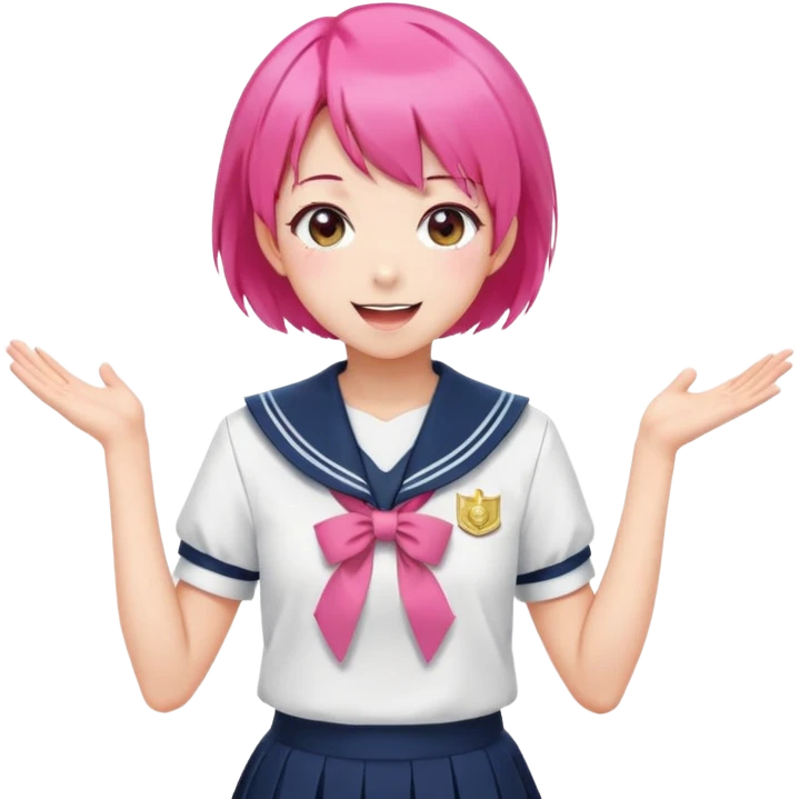 Anime girl with short bright pink hair wearing Japanese sailor style school uniform, composed posture with hand on hip but with excited smile and sparkling eyes, happy expression emoji