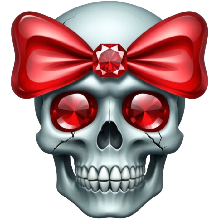 make me a red crystal skull partly see thew super gem like make it realistic and held together by a big black bow super realistic skull cracking all over the eyes are black gems with a hint of gold in the center emoji