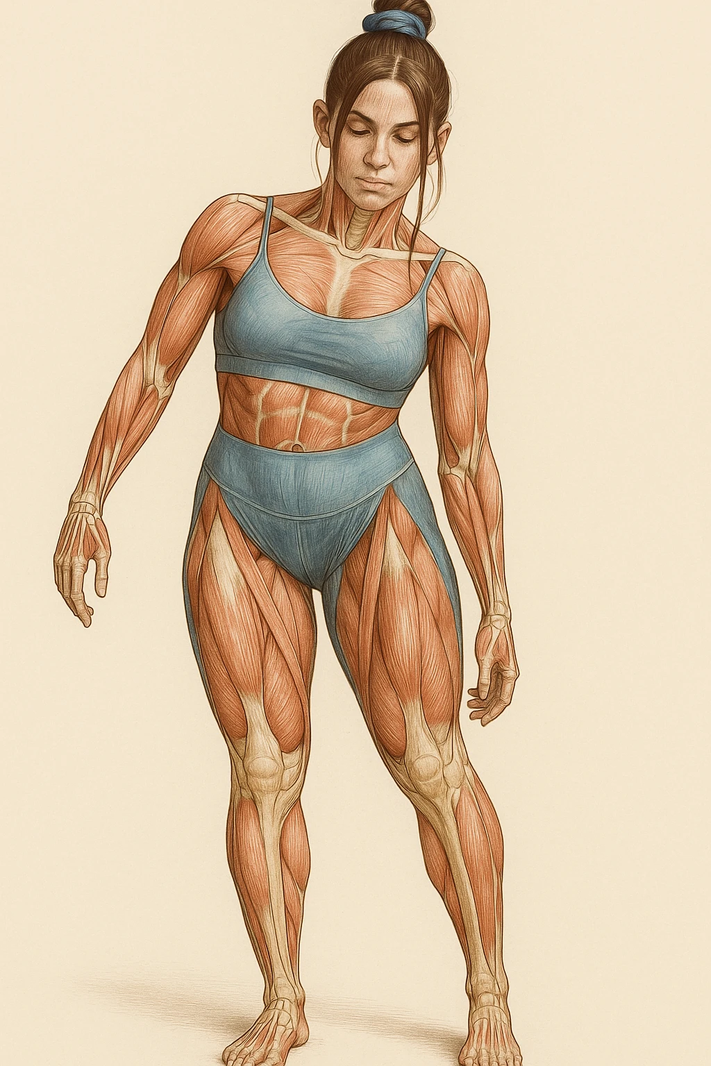 A realistic medical style illustration of a woman in sportswear with an asymmetric posture, showing visible muscles and bones, neutral background, vertical format. emoji