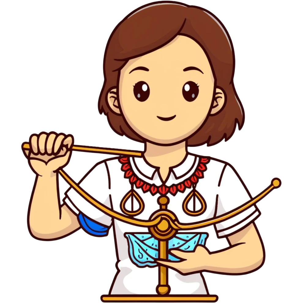 A Ukrainian girl with brown hair in an embroidered shirt holds the scales of truth in her hand emoji