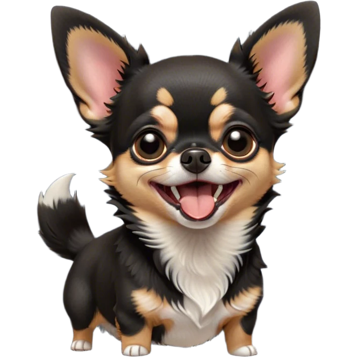 Cinematic Cute Yawning Black Tri Short Haired Chihuahua Portrait Emoji, Head tilted slightly with a dramatic, wide-open yawn, soft black tri-color fur with defined patches of white and tan, floppy ears slightly drooping, round dark eyes barely open in drowsy contentment, Simplified yet irresistibly adorable features, highly detailed, glowing with a soft, cozy glow, high shine, relaxed yet expressive, stylized with a touch of whimsy, bright and endearing, soft glowing outline, capturing the essence of a sleepy yet affectionate pup, so drowsy it feels like it could stretch right out of the screen and curl up for a nap! emoji