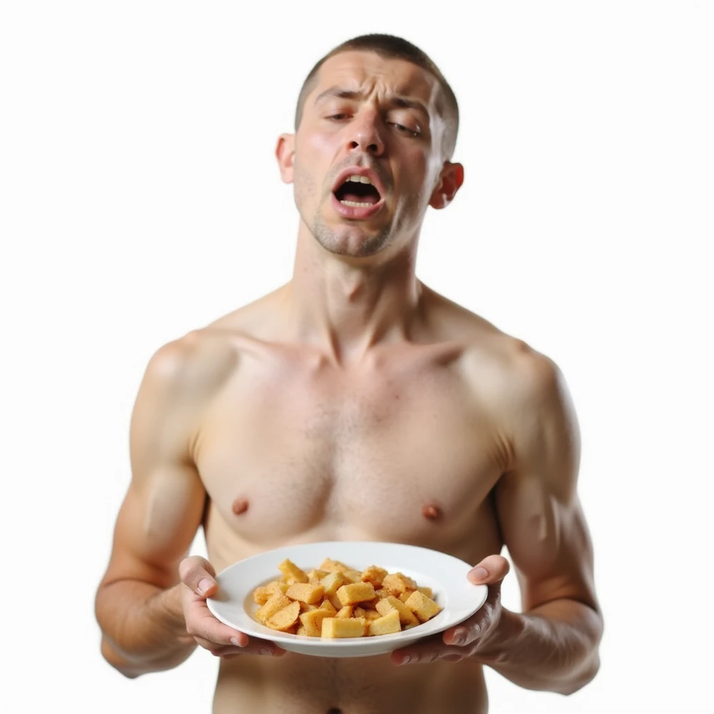 realistic man, thin physique and dull skin, sad expression, plate without healthy fats, caption in Italian: “Mancanza di grassi buoni: salute ed estetica a rischio”, isolated on white background emoji