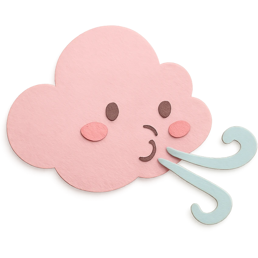 soft pastel pink cloud blowing gentle pastel wind, no arms, no legs, full body, soft pastel kawaii paper craft style emoji