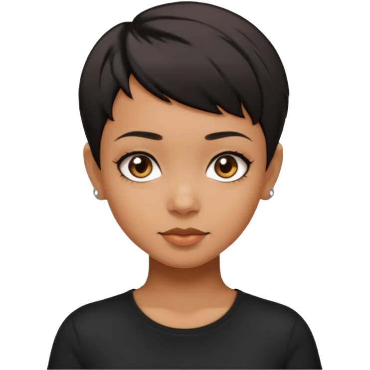 A girl with black short pixie haircut cut, dark brown eyes that almost look like black, caramel tone skin colour. Wearing a black t-shirt.  emoji