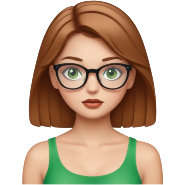 Yeşil gözlü,Hafif kahverengi saçlı, beyaz tenli, gözlüklü, crop giyinen ,baya dolgun dudaklı gloss sürmüş,makyajlı bir kız emoji