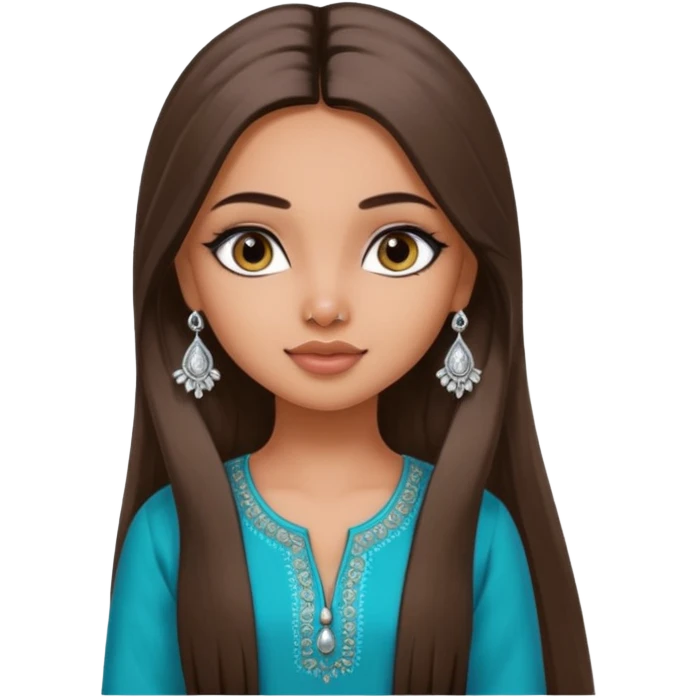generate a pretty bratz girl wearing a kurti, eyeliner on, long straight hair, silver jhumkas in ear emoji
