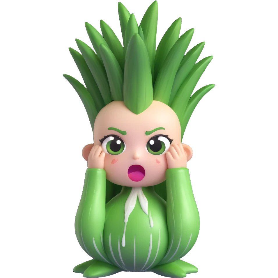 3D chibi green onion character, round white body, big expressive eyes, green leafy hair, dramatic crying face with streams of onion juice tears, playful and humorous pose, pastel kawaii style, soft smooth textures, excellent lighting, transparent background emoji