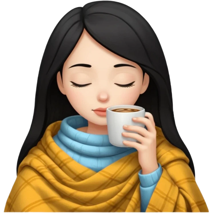 pale black haired girl inside a blanket sipping coffee eyes closed emoji