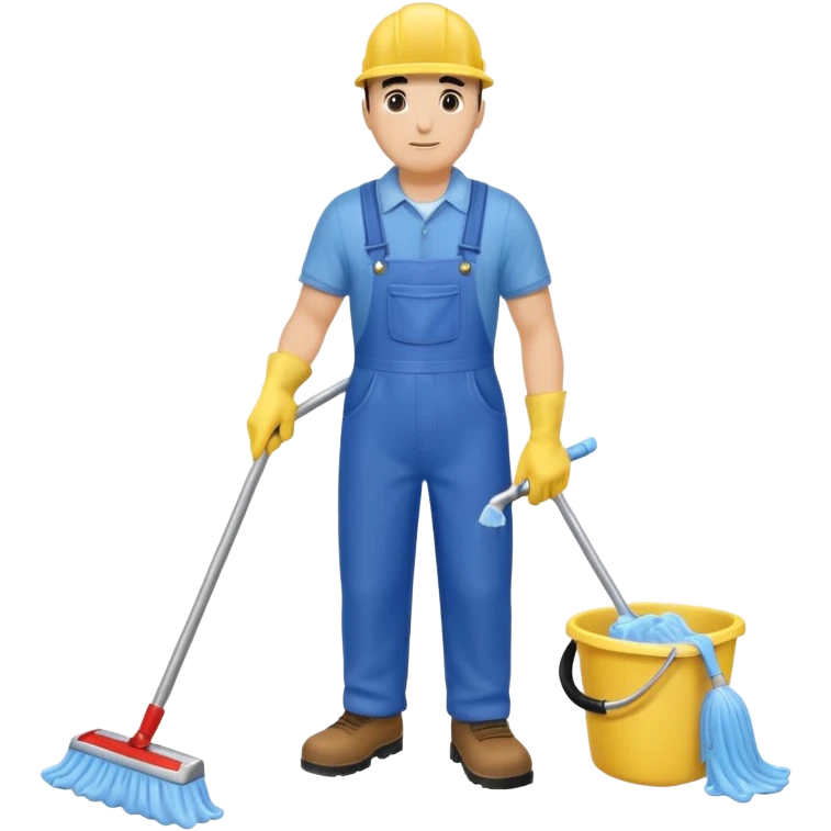Custodian with yellow rubber gloves, blue overalls, mopping floor emoji