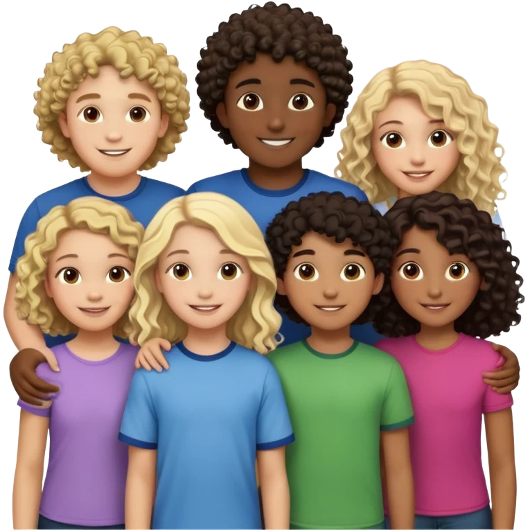 Group of diverse friends standing together, including a dark-skinned boy, a light-skinned blonde boy, a light-skinned girl with dark hair, a mixed-race girl with brown hair, a light-skinned person with curly hair, a mixed-race person with dark curly hair, and in the center a mixed-race person with wavy hair emoji
