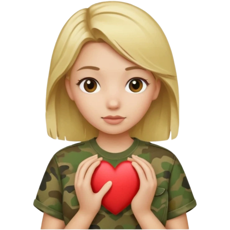 Blonde girl with olive shirt holding camo heart emoji
