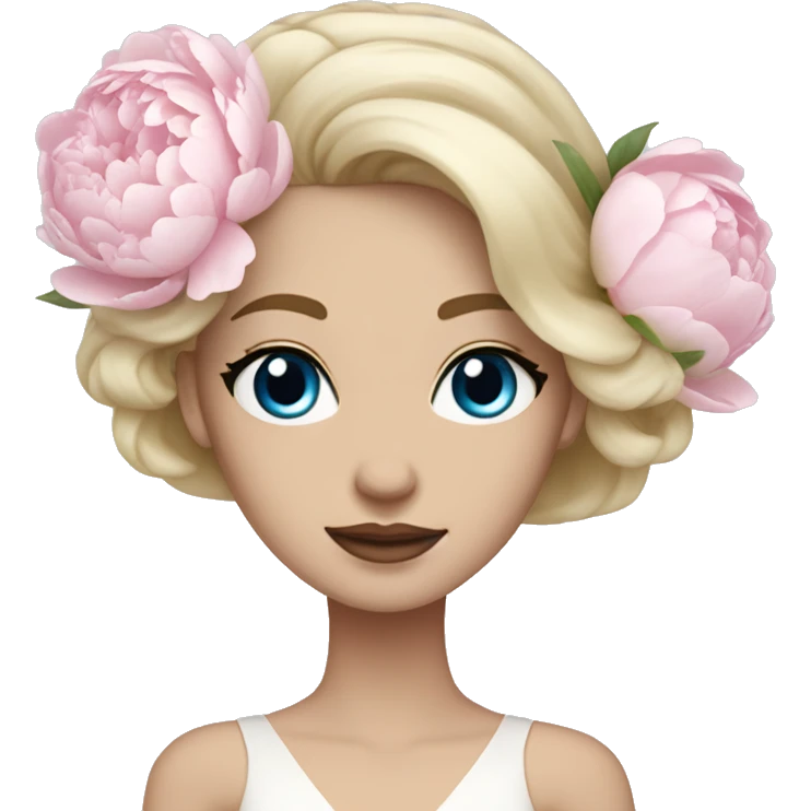 White bride with long light blonde hair and blue eyes with light pink peonies in hair white skin  emoji