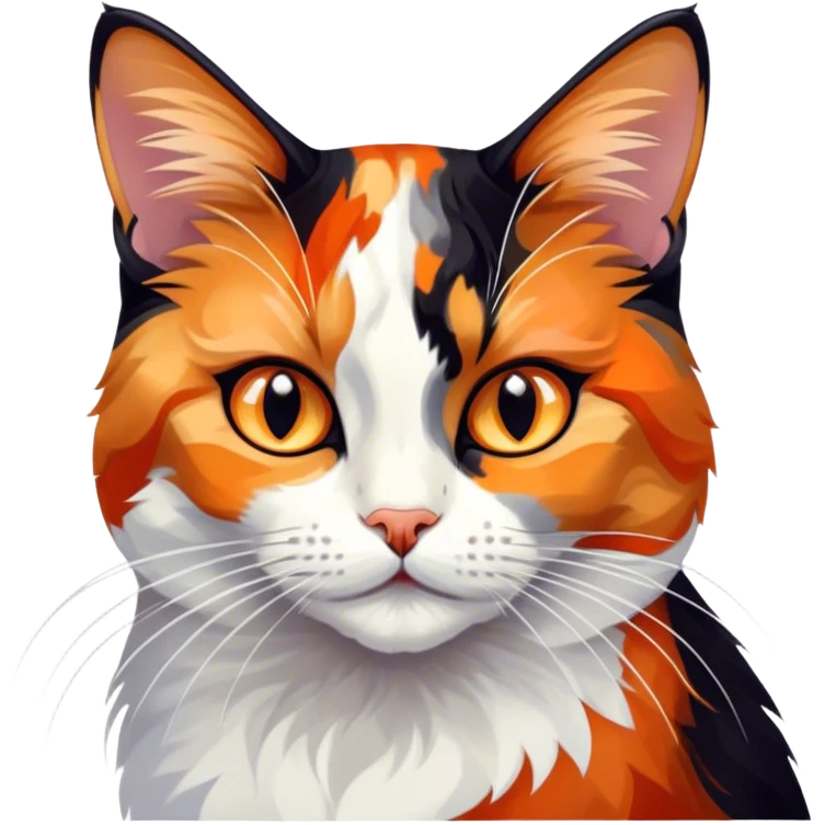 Cinematic Noble Calico Cat Portrait Emoji, Poised and regal, with a striking patchwork fur in vibrant orange, black, and white hues, delicate whiskers and a refined, focused gaze, simplified yet exquisitely detailed, glowing with a soft, moonlit radiance and an air of aristocratic elegance, high shine, exuding dignified intelligence and poised authority, soft glowing outline, capturing the essence of a watchful and noble calico cat that appears ready to grace the screen with effortless majesty! emoji